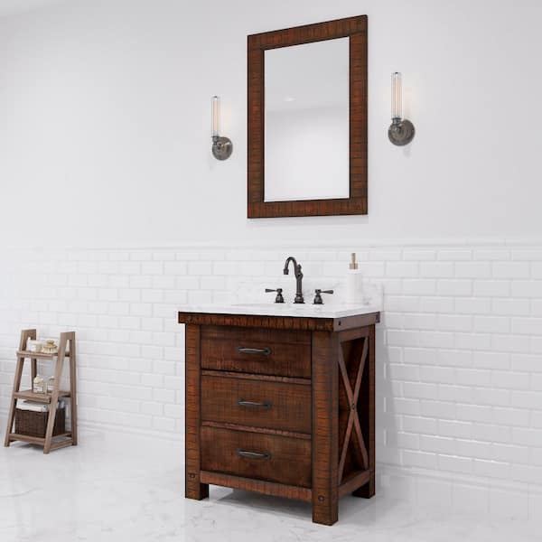 Aberdeen 30 in. W x 22 in. D x 34 in. H Single Vanity in Rustic Sienna with Carrara White Marble Top and Mirror