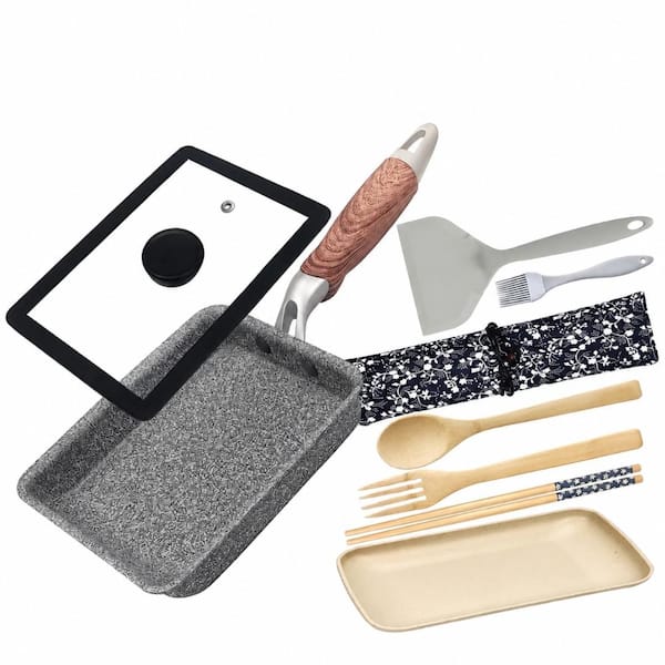 9-Piece Tamagoyaki Pan Set, 7 in. x 5 in. Grey Nonstick Square Egg Pan with Lid, Spatula and Accessories