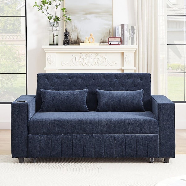 61.41 in. Square Arm Chenille Rectangle with Adjustable Backrest Sofa in Blue