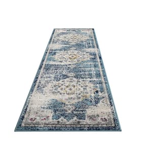 Vintage Low Pile Non-Shedding Distressed Mat in Blue 2 ft. 3 in. x 7 ft. 3 in. Boho Medallion Area Rugs