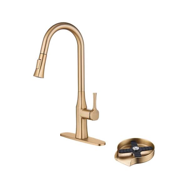 Boyel Living 2-Spray Patterns Single Handle Pull Down Sprayer Kitchen Faucet with Deckplate Included and Glass Rinser in Brushed Gold