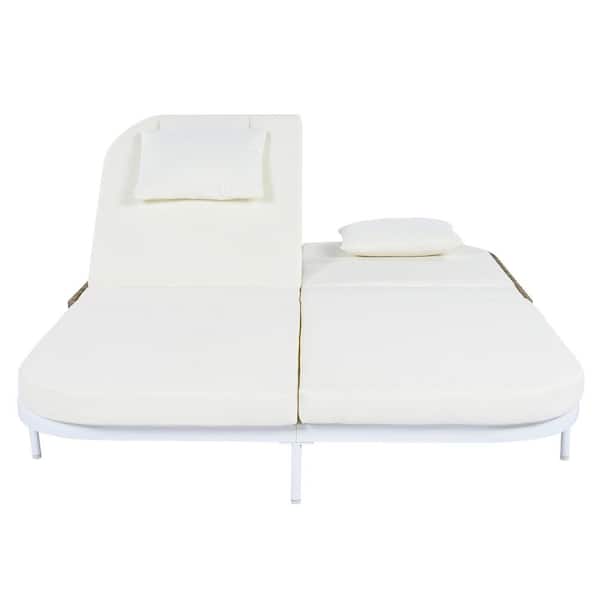 Unbranded White 1-Piece Metal Outdoor Iron Chaise Lounge Day Bed with Cushion Guard 5-Position Adjustable Backrest, Beige Cushions