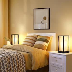 11.4 in. Black Dimmable Touch Control Table Lamp Set with Beige Shade and USB Port (Set of 2)