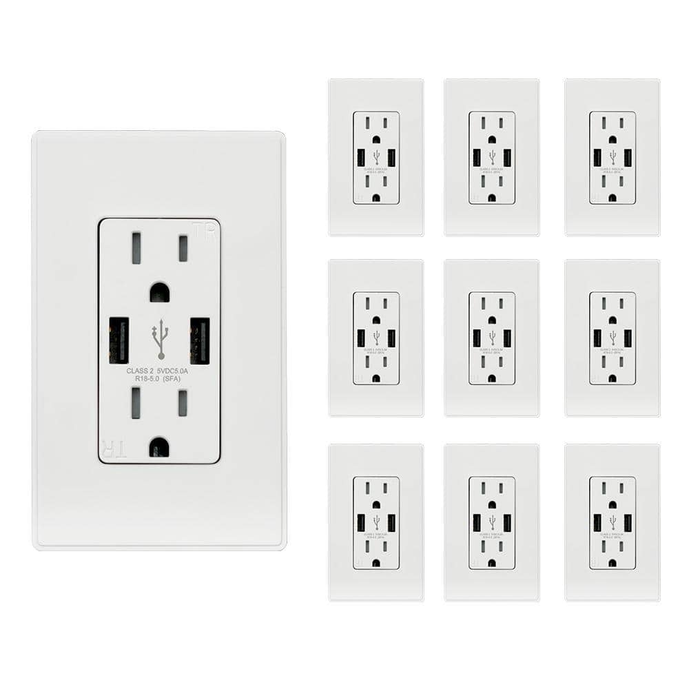 ELEGRP 25-Watt 15 Amp Dual Type A USB Wall charger with Duplex Tamper Resistant Outlet, White (10-Pack) -  R1815D50AA-WH10