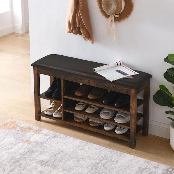 39.5 in. Height-Adjustable Shoe Bench with Storage-Natural Rubberwood, PU Leather Seat, Bedroom Bench