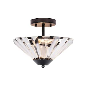 11 in. 2-Light Matte Black Transitional Semi-Flush Mount with Clear Glass Faceted Shade and No Bulbs Included