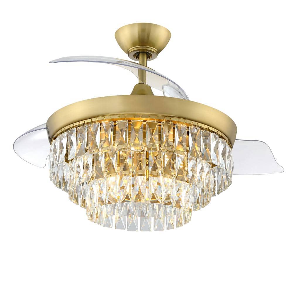 Satin Brass 42" Ceiling Fan with Clear Glass Chandelier