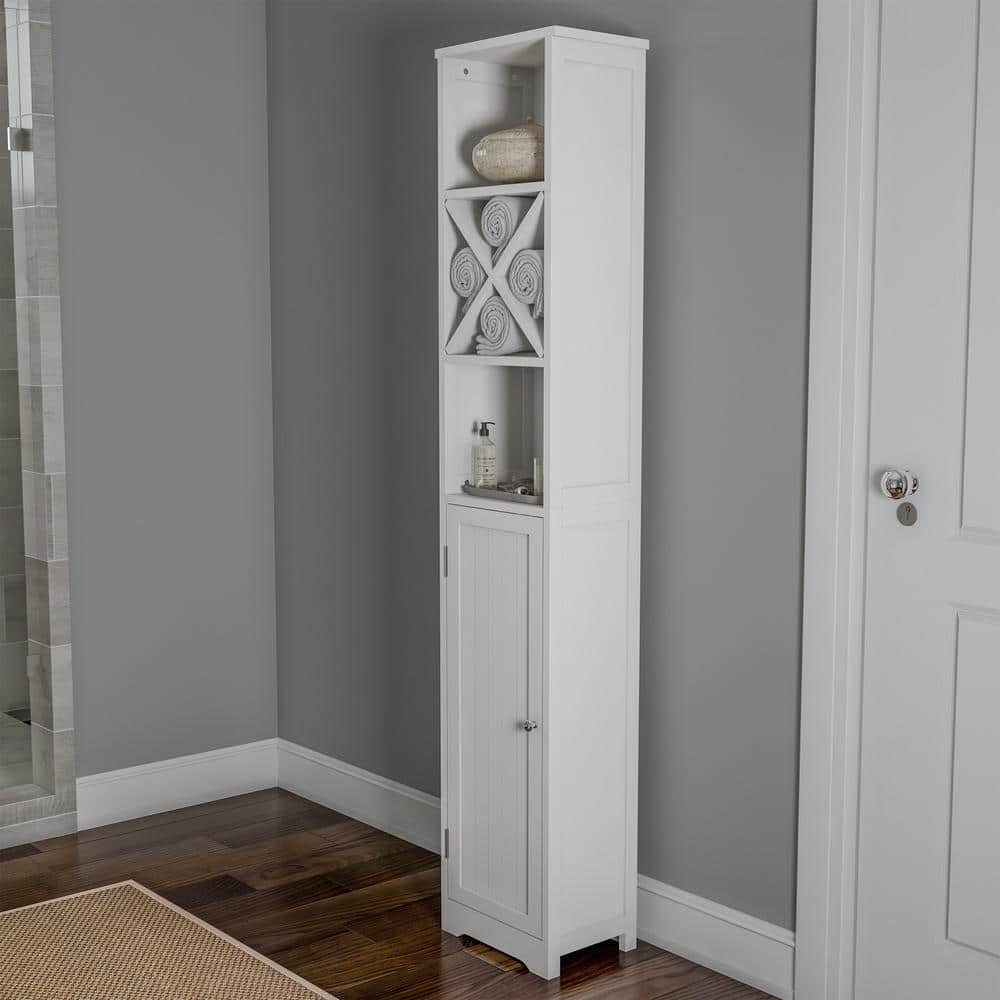 13.5 in. L x 9 in. W x 67 in. H Linen Tower Bathroom or Laundry Room White Storage Cabinet with Adjustable Shelf
