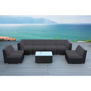 Black 7-Piece Wicker Patio Seating Set with Sunbrella Coal Cushions