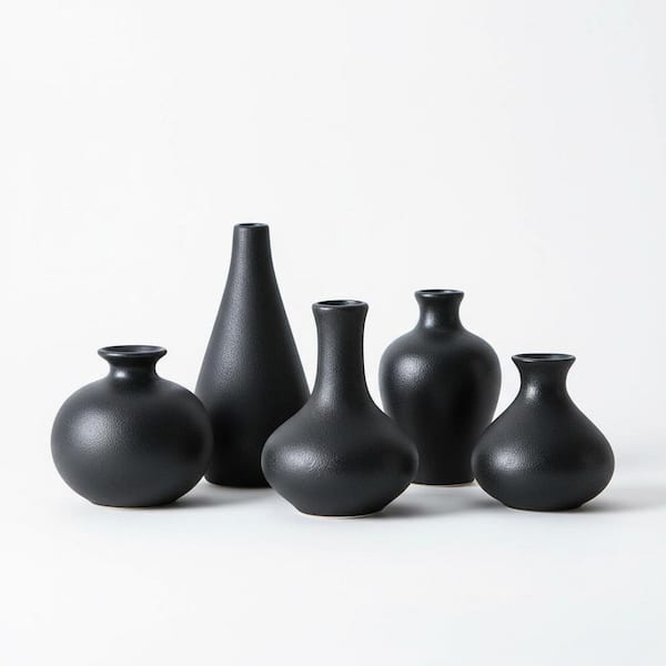 5 Piece 4.5 inch Black Ceramic Bud Vase Set - Boho Modern Mini