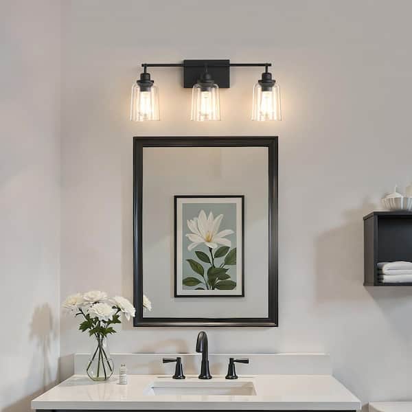 23 in. 3-Light Bathroom Fixture, Black Metal Vanity Light Frame with Clear Bell Glass Shades, Modern Bathroom Lighting