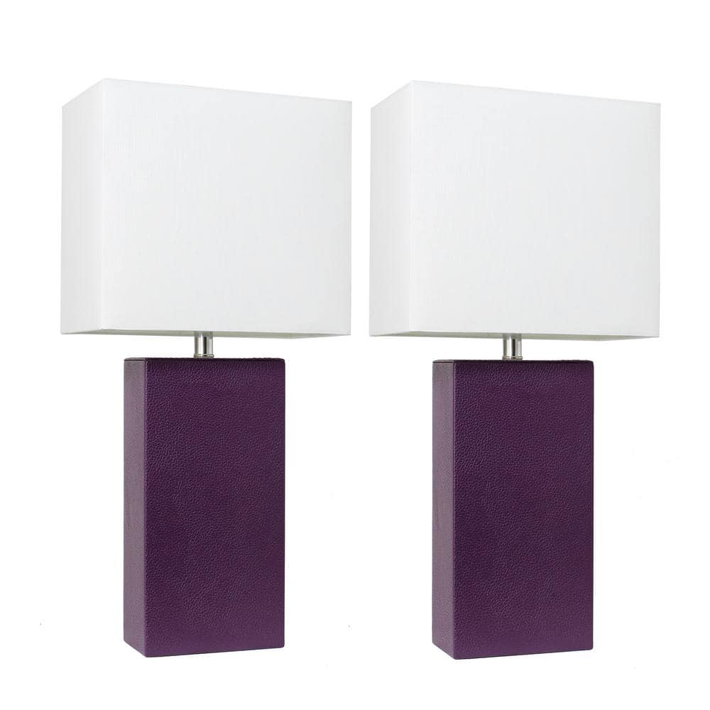 Eggplant Purple Leather Base Table Lamp Set with White Fabric Shade