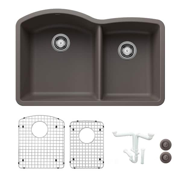 Blanco Diamond 32.07 in. Undermount Double Bowl Volcano Gray Granite Composite Kitchen Sink Kit with Accessories