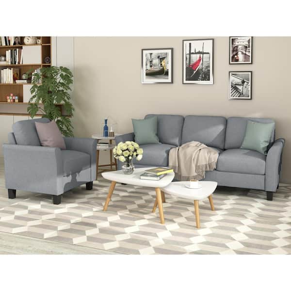 GODEER 76 in. W 2-piece Linen Living Room Furniture Chair and 3-seat Sofa in Gray