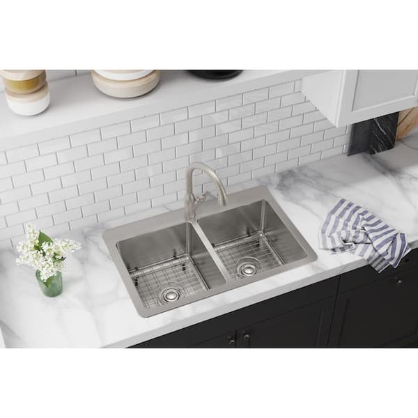 Avenue 33 in. Drop-In/Undermount Double Bowl 18-Gauge Stainless Steel Kitchen Sink Kit w/ Accessories