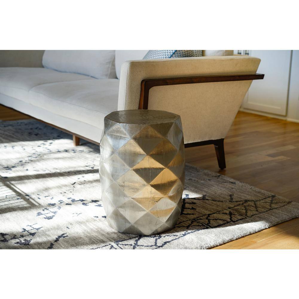 Aged Silver Diamond-Patterned Round Metal & Wood End Table