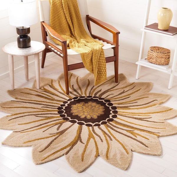 Novelty 6 ft. x 6 ft. Gold/Beige Floral Round Rug