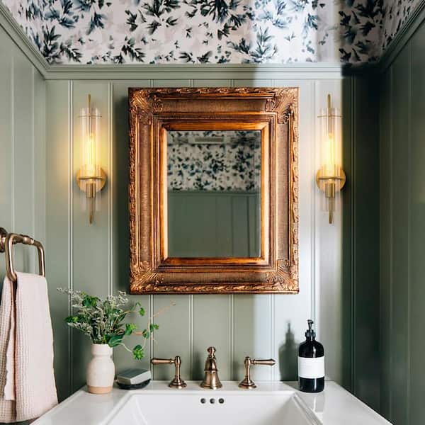 Dvorakova 20.47 in. H. 1-Light Brushed Gold Wall Sconce Modern Cylinder Bathroom Vanity Light with Ribbed Glass Shade