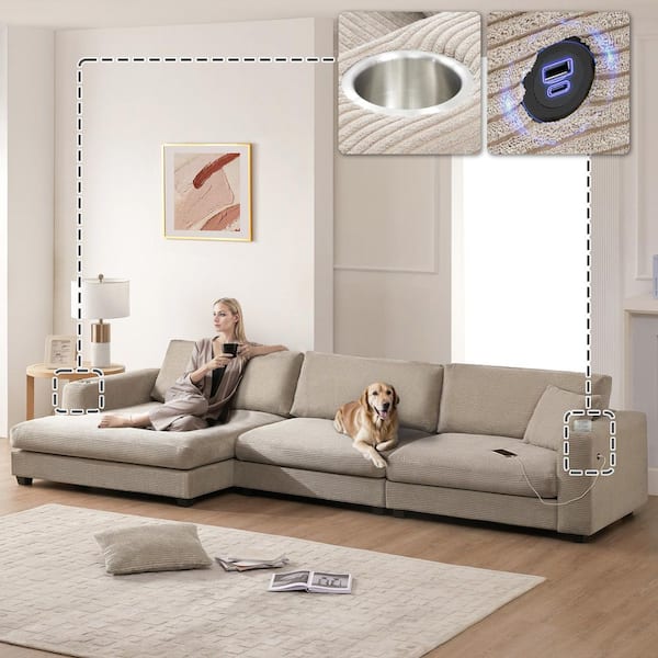 134 in. L-Shaped Corduroy Sectional Sofa, 4-Seat Sofa with Chaise, USB Charging and Cup Holders, Cloud Couch in Khaki