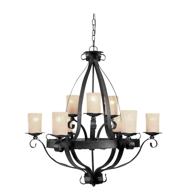 Forte Lighting 9-Light Natural Iron Chandelier with Rustic Umber Glass