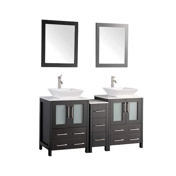 Vanity Art Ravenna 60 in. W Bathroom Vanity in Espresso with Double Basin in White Engineered Marble Top and Mirror