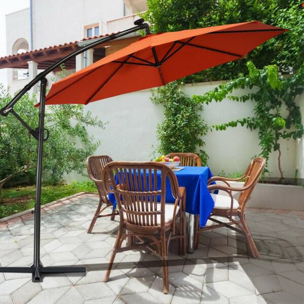 10 ft. Aluminum Market Solar Powered LED 360° Rotation Patio Offset Outdoor Umbrella in Orange
