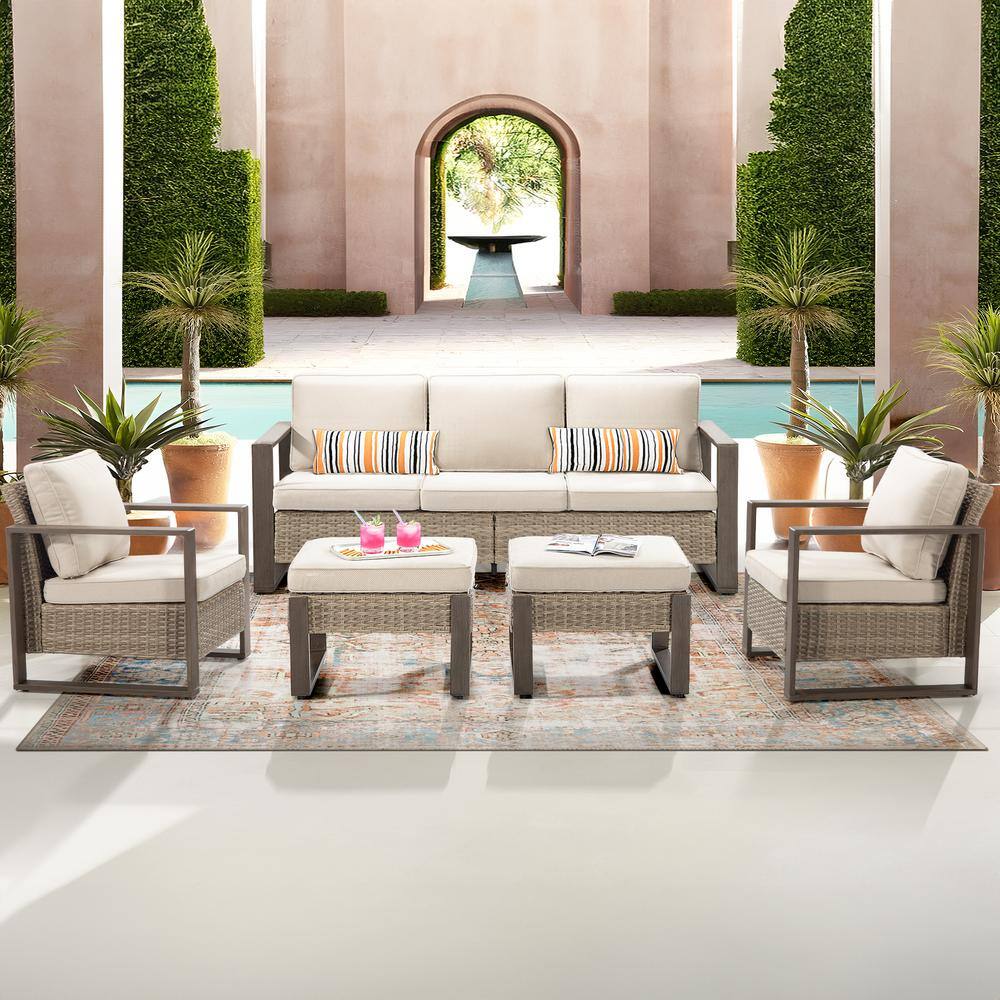 5-Piece Patio Wicker Outdoor Conversation Sectional Set with Steel Frame and Beige Cushions price history on PriceWatchPro