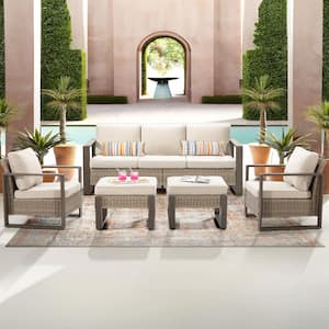 5-Piece Patio Wicker Outdoor Conversation Sectional Set with Steel Frame and Beige Cushions