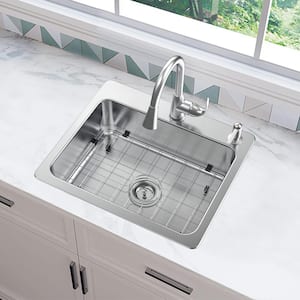 Bratten 25 in. Drop-In Single Bowl 18 Gauge Stainless Steel Kitchen Sink with Accessories