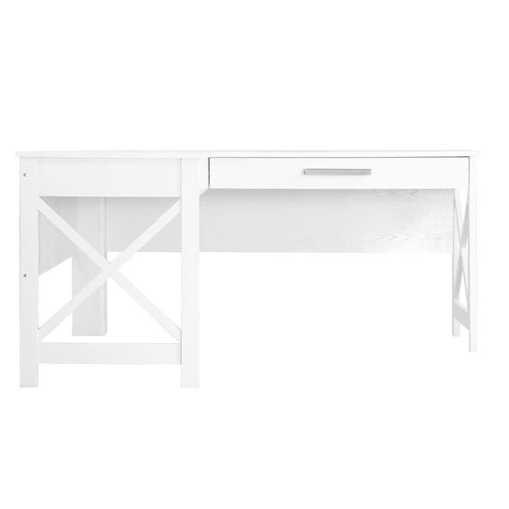 White Wood L-Shaped Corner Desk with Drawer