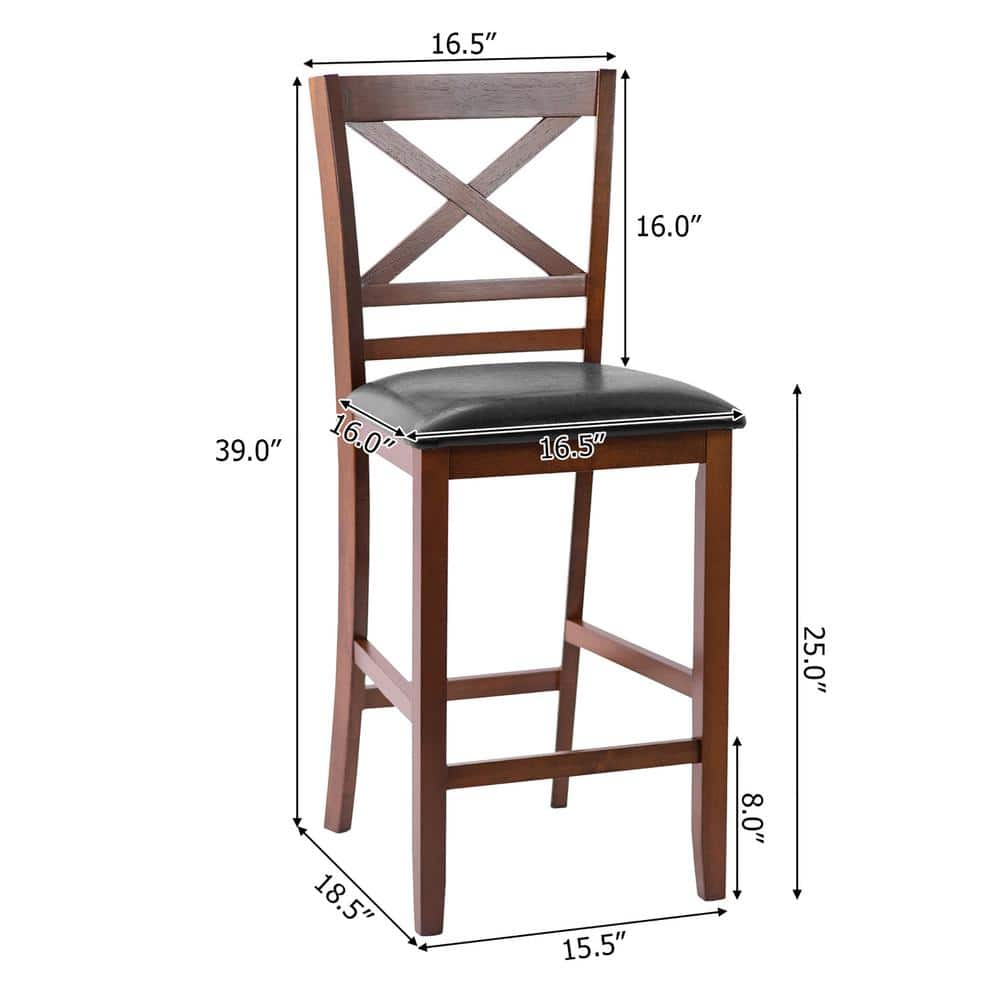 Elegant 25'' Black Leather & Glossy Walnut Wood Counter Stools, Set of 4
