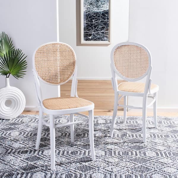 SAFAVIEH Sonia White/Beige Cane Wicker Dining Chair (Set of 2)