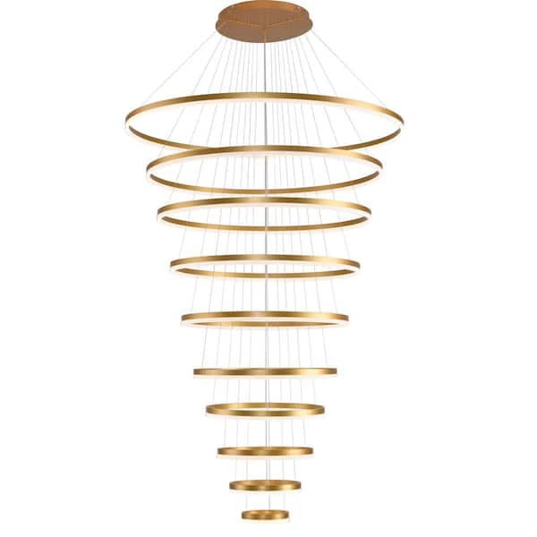 Modern Chandelier, 10 Ring Dimmable Integrated LED Gold Chandelier for High Ceiling Chandelier for Entryway