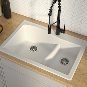 Quarza Drop-in/Undermount Granite Composite 33 in. 1-Hole 60/40 Double Bowl Kitchen Sink in White
