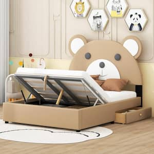 Brown Full Size Platform Bed with Bear Shaped Headboard and Hydraulic Storage