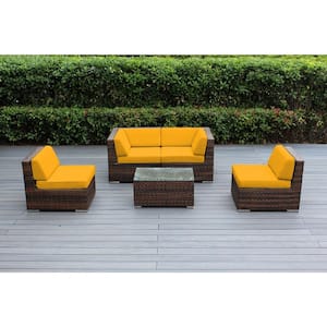 Ohana Mixed Brown 5-Piece Wicker Patio Seating Set with Sunbrella Sunflower Yellow Cushions