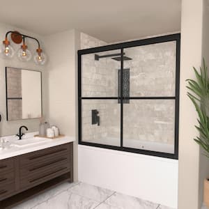 59 in. W x 56 in. H Sliding Framed Tub/Shower Door in Black with Clear Glass and Handles