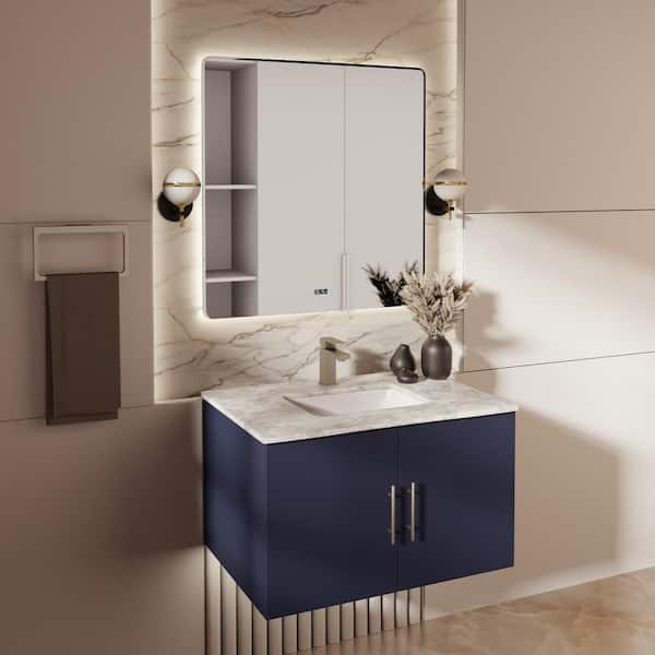 Geneva 30 in. W x 22 in. D Navy Blue Bath Vanity and Carrara Marble Top