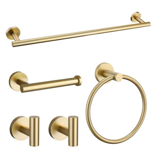 5-Piece Bath Hardware Set Accessories with Towel Bar Towel Hook Toilet Paper Holder and Towel Ring in Brushed Gold