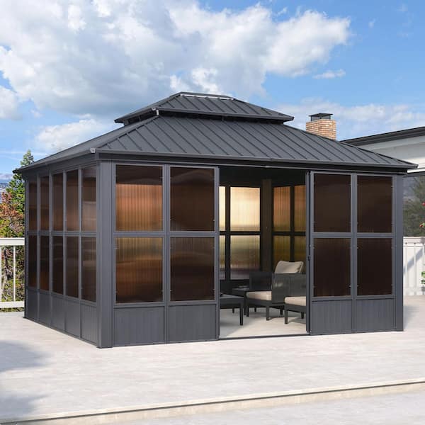12 ft. x 14 ft. Sunroom Hardtop Gazebo Solarium Galvanized Steel Double Roof Aluminum Screen House Patio Backyard Gray