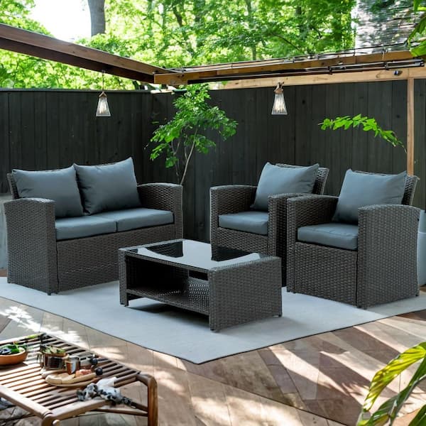 Redroofy 4-Piece Wicker Patio Conversation Set with Gray Cushions