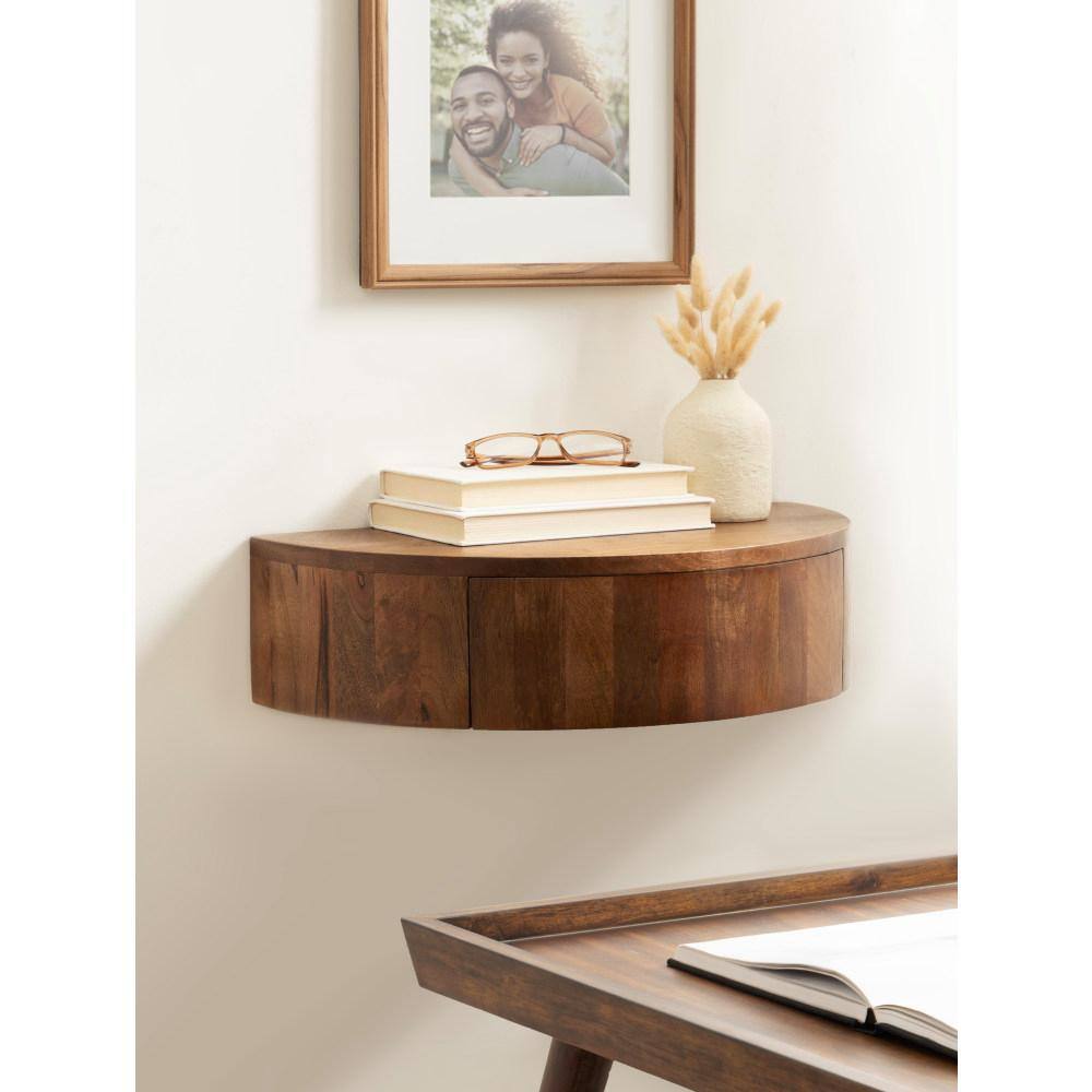 Walnut Brown Mango Wood Floating Side Table with Drawer