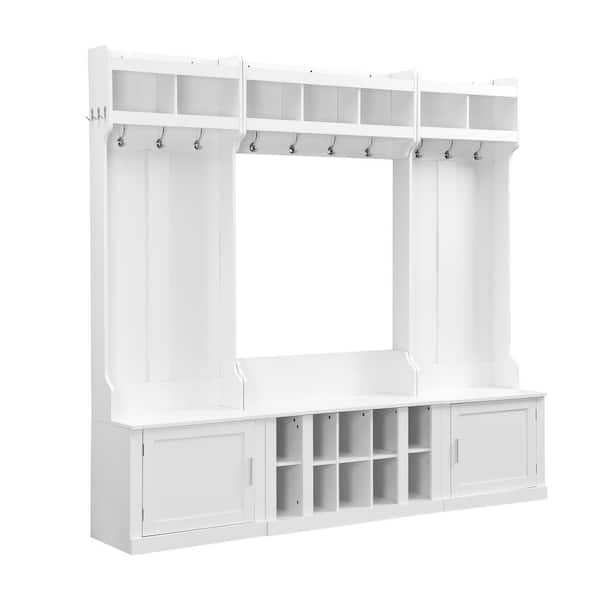 White Hall Tree Storage with 4-in-1 Entryway Bench, Shoe Cubbies and Coat Rack with Hooks