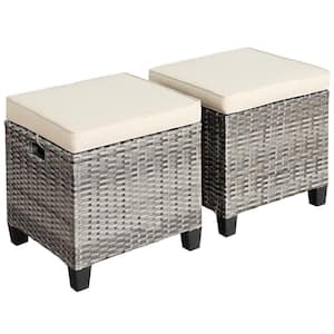 Mix Gray Patio Rattan Wicker Outdoor Ottoman Seat with Removable Beige Cushions (2-Piece)