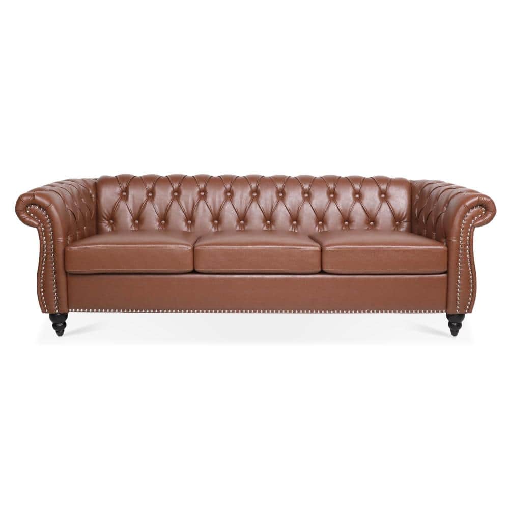 Chesterfield 84.65 in. Rolled Arm PU Leather Three Seater Sofa with Tufted Back and Pocket Springs in Brown price history on PriceWatchPro