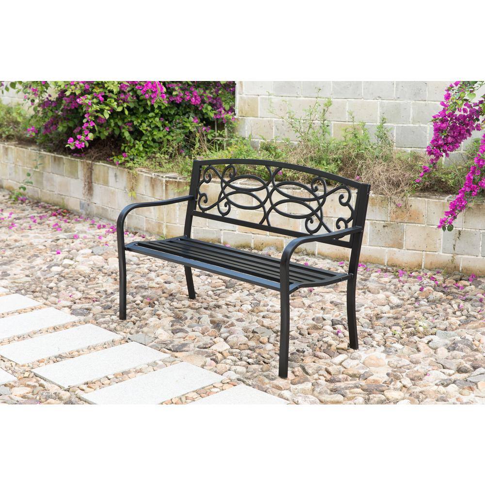 Gardenised Steel Outdoor Patio Garden Park Seating Bench with Cast Iron Scrollwork Backrest, Front Porch Yard Bench Lawn Decor