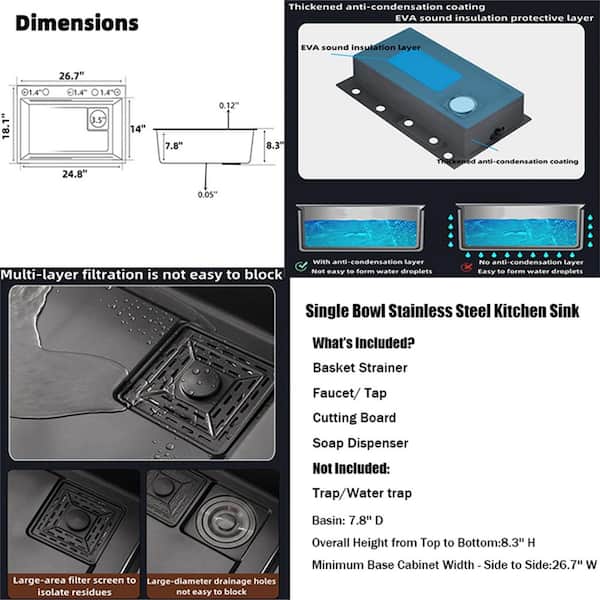 LUXSHERY 26.7 in. Drop-in/Undermount Single Bowl Stainless Kitchen