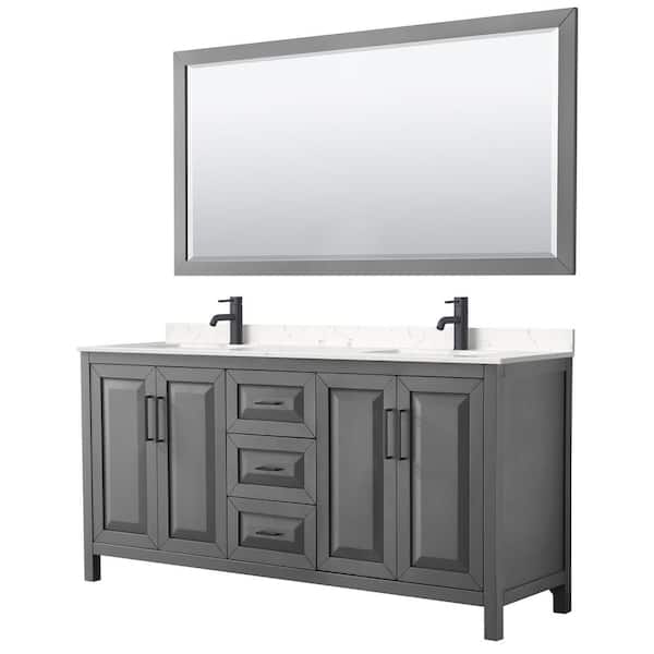Wyndham Collection Daria 72 in. W x 22 in. D x 35.75 in. H Double Bath Vanity in Dark Gray w/ Carrara Cultured Marble Top and 70 in. Mirror