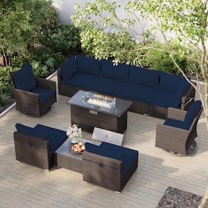 10-Piece Brown Wicker Patio Fire Pit Conversation Set with Swivel Chairs, Dark Blue Cushions