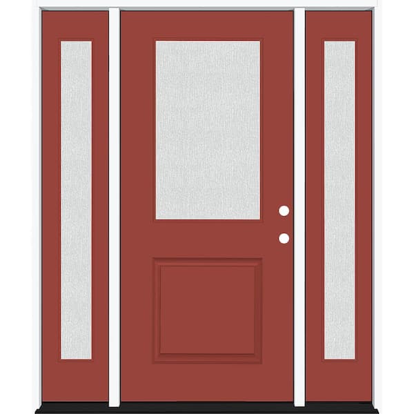 Steves & Sons Legacy 64 in. W x 80 in. 1/2 Lite Rain Glass LHIS Primed Morocco Red Finish Fiberglass Prehung Front Door Db 12 in. SL